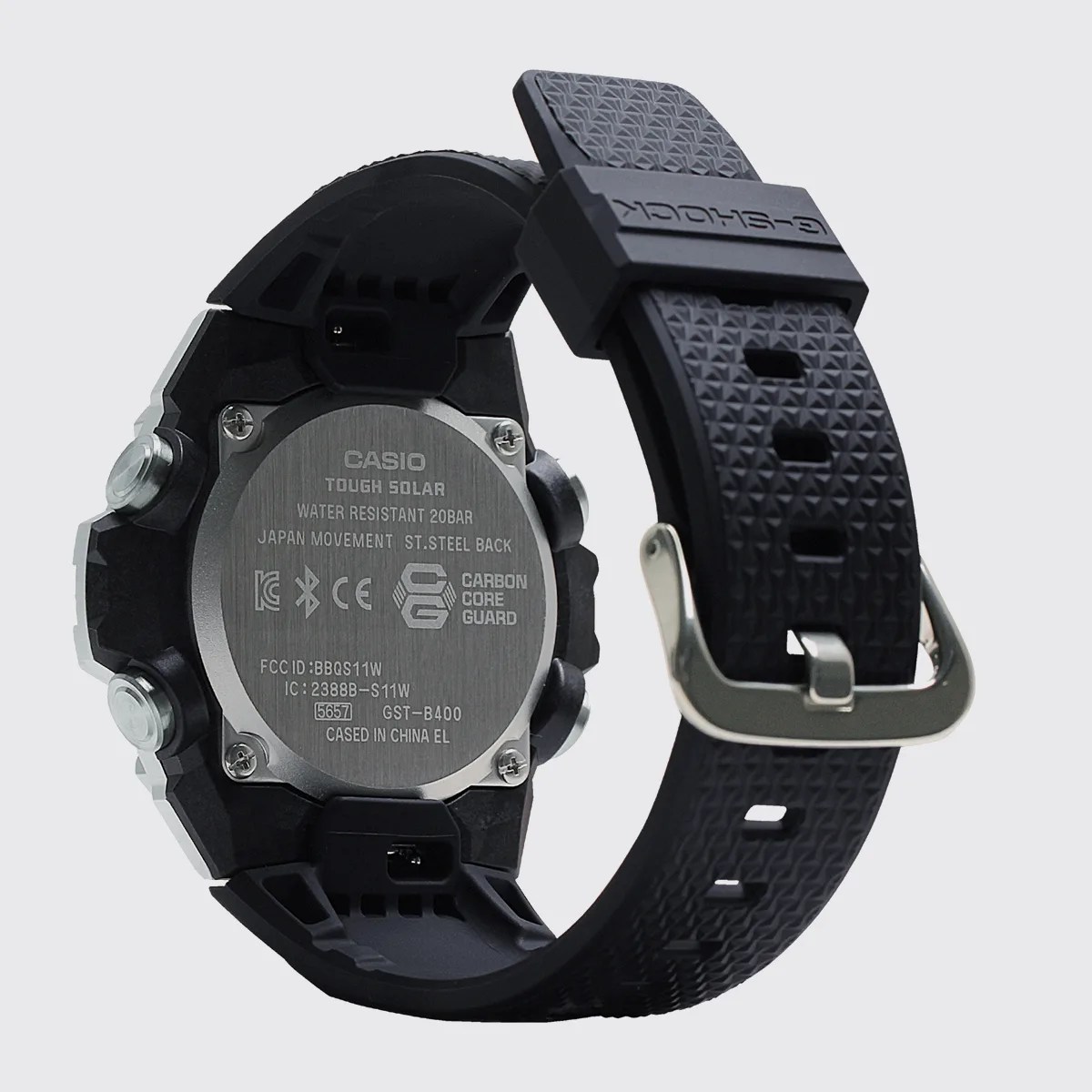 Back view of a black Casio G-Shock watch with a textured resin strap and stainless steel case back.