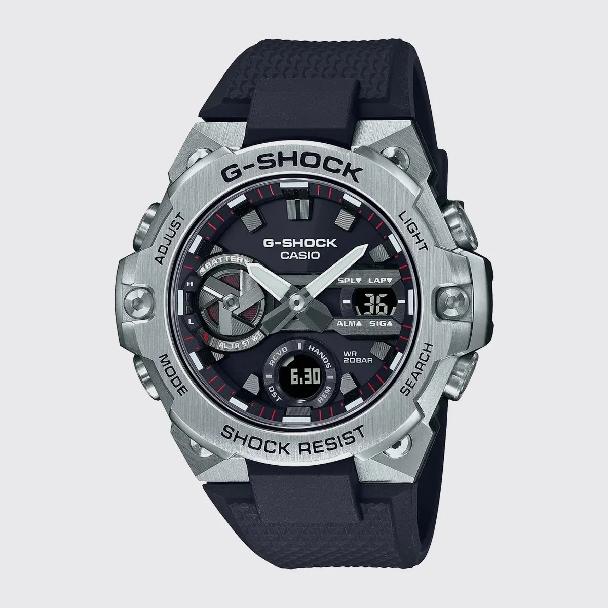 Silver and black Casio G-Shock analog-digital watch with black textured resin band and multiple function buttons.