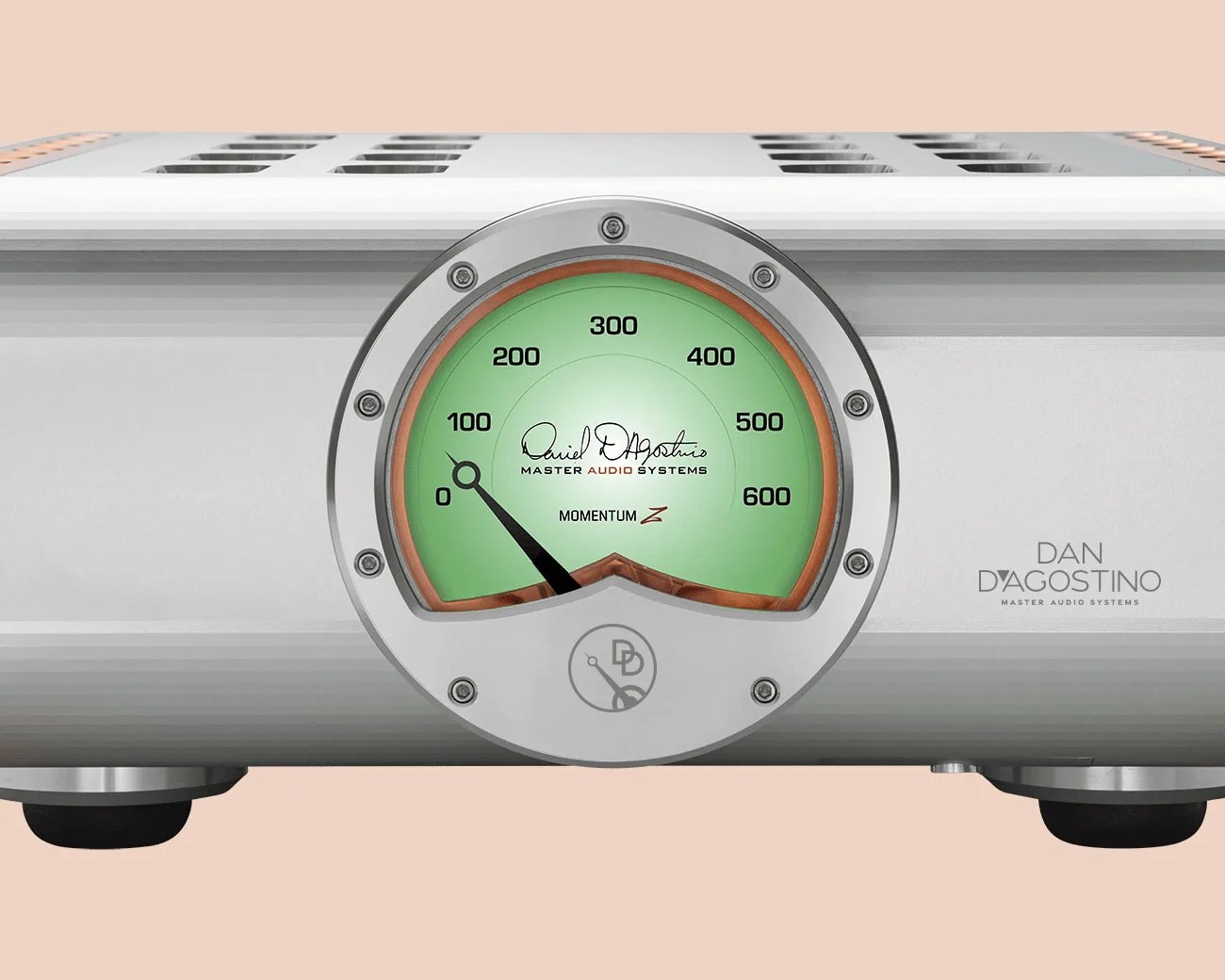 Silver Dan D'Agostino Master Audio Systems Momentum Z amplifier with a large green analog power meter on the front panel.