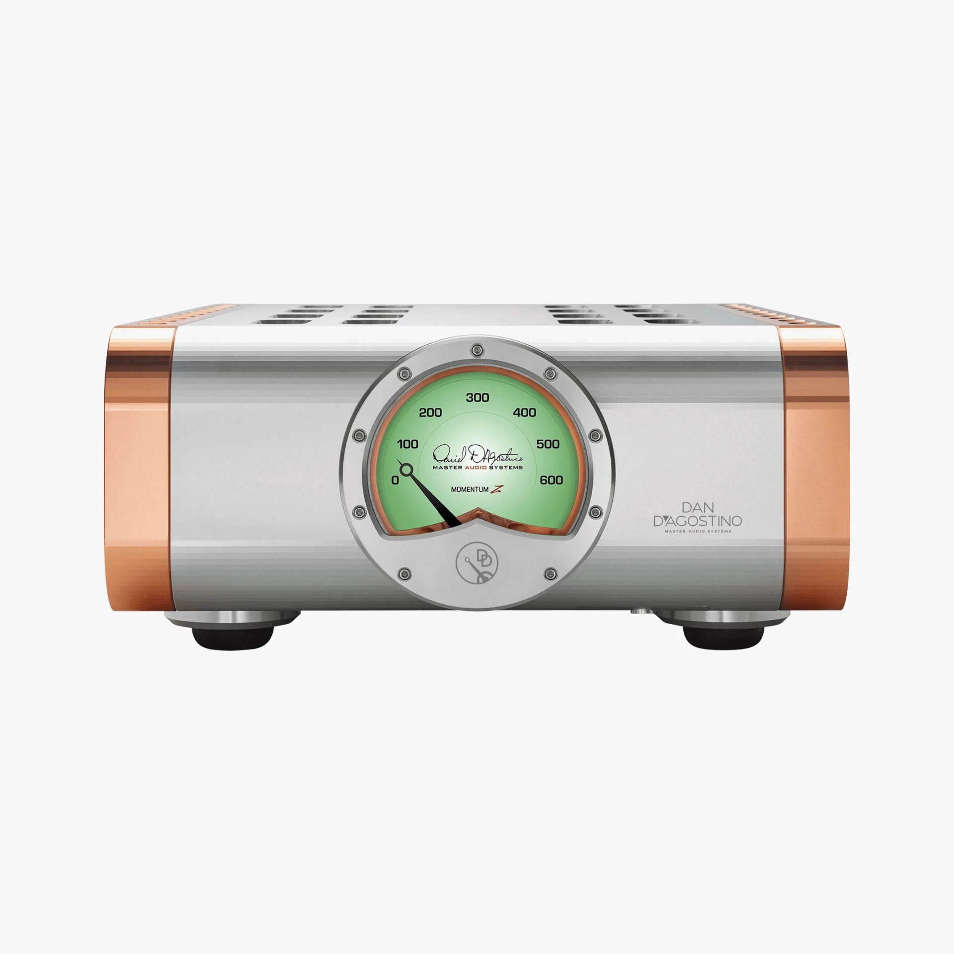 Silver and copper high-end audio amplifier with a large green analog meter on the front panel.