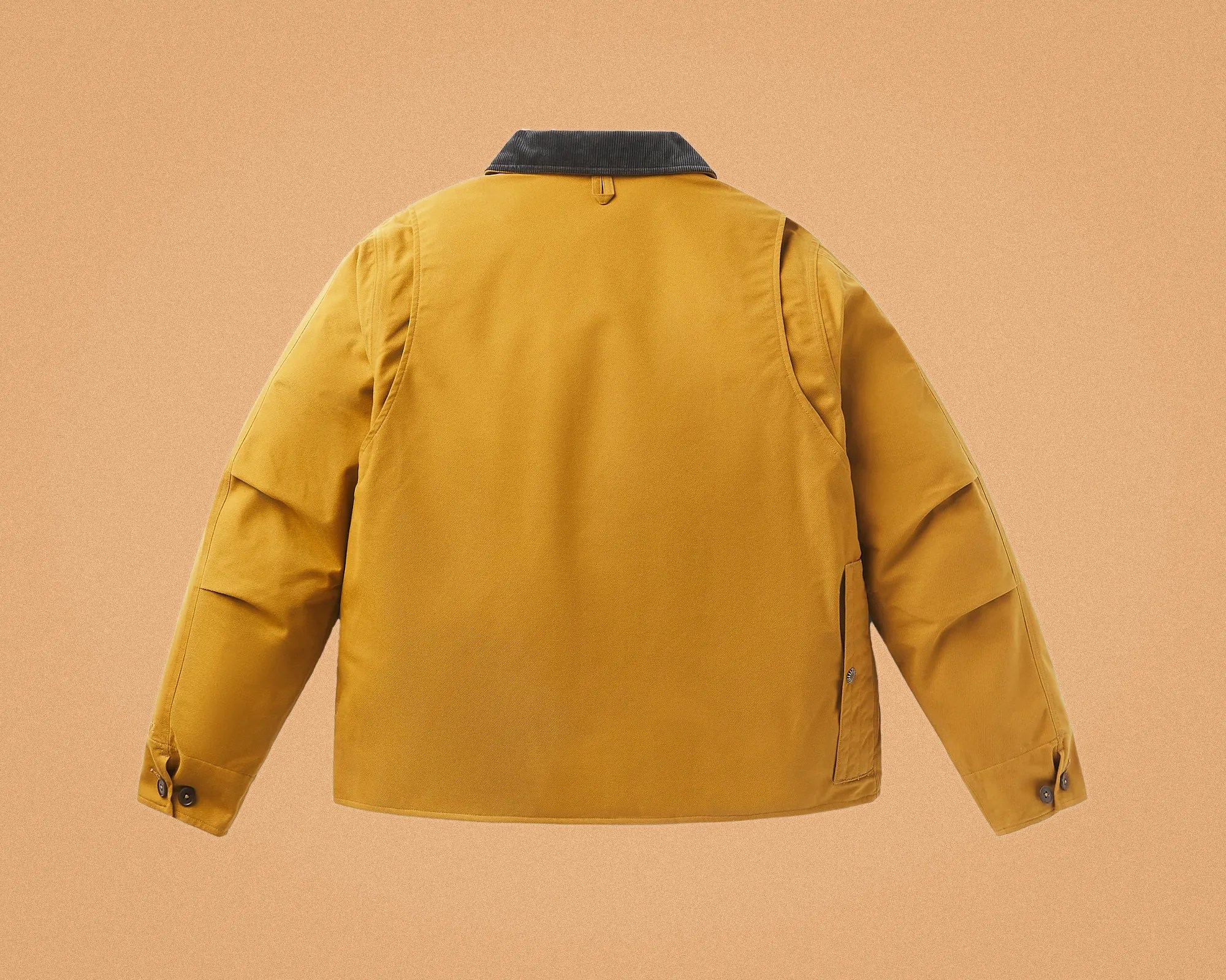 Mustard yellow jacket with dark collar and buttoned cuffs shown from the back.