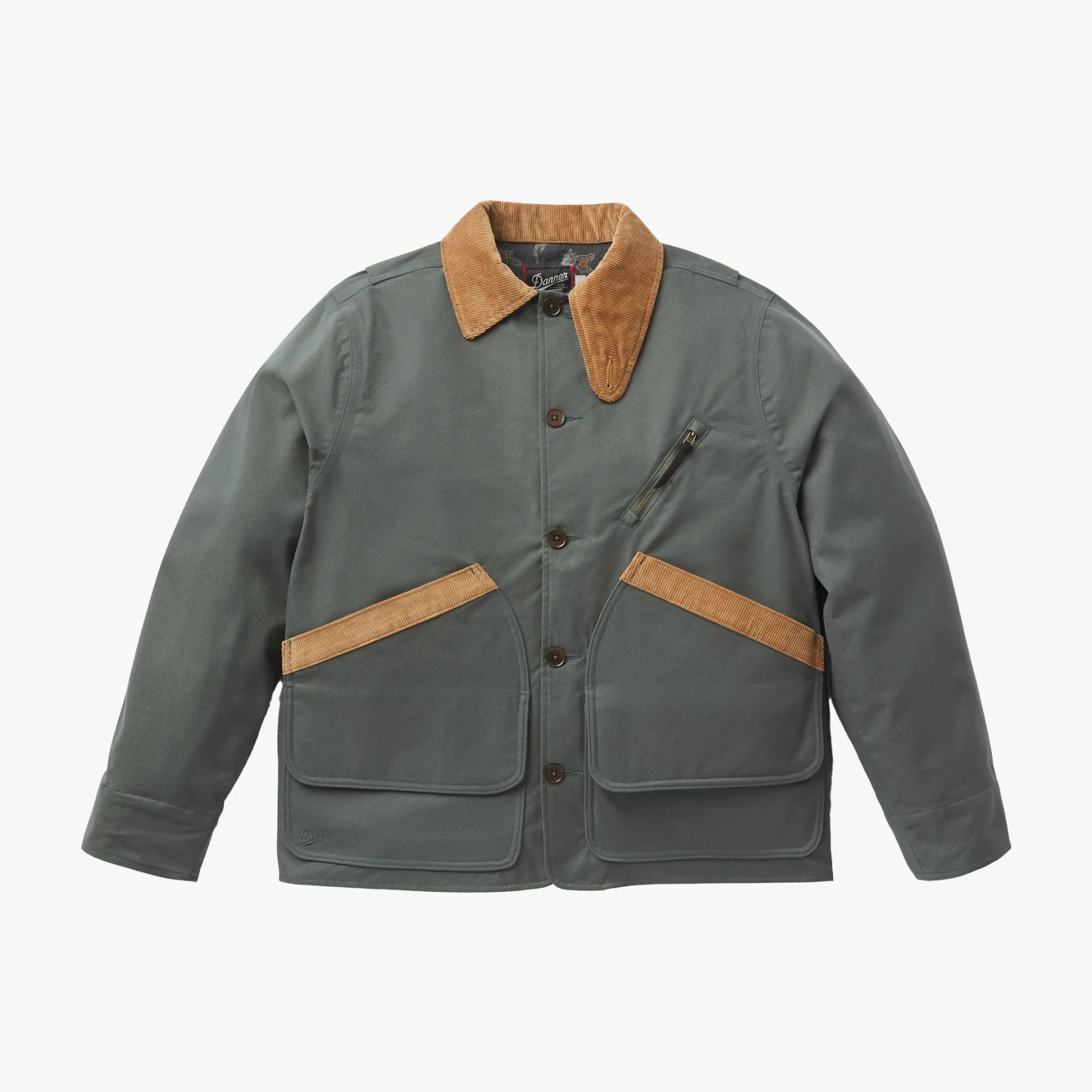 Gray-green jacket with tan corduroy collar and pocket trim, featuring button closure and zippered chest pocket.