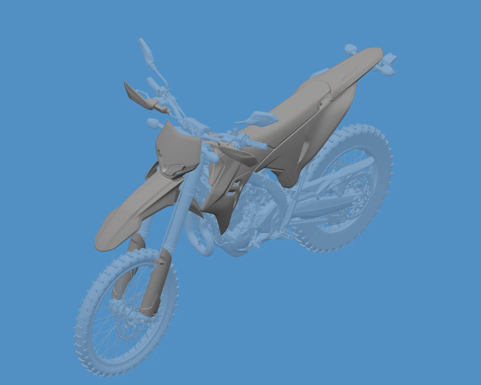 3D model of a dirt bike with front fender, handguards, and seat highlighted in gray against a blue background.