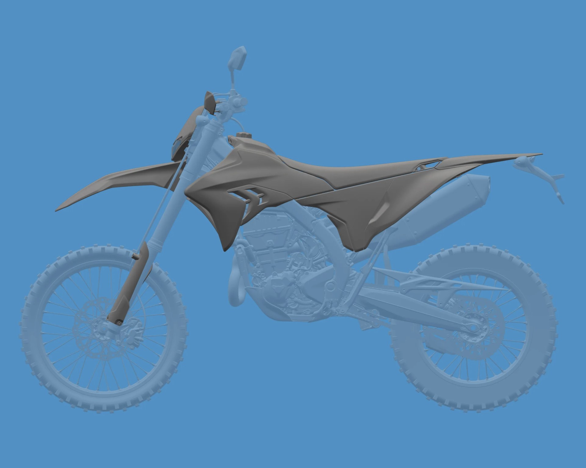 Black motorcycle seat and front fender parts highlighted on a blue dirt bike frame.
