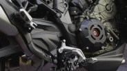 Close-up of a motorcycle engine area showing a carbon fiber cover, foot peg, and metal frame components.