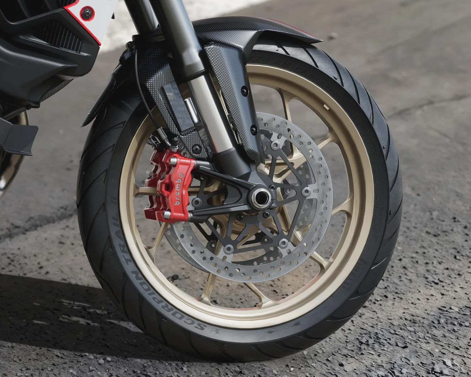 Front motorcycle wheel with gold rim, black Pirelli Scorpion Trail tire, red Brembo brake caliper, and carbon fiber fender.
