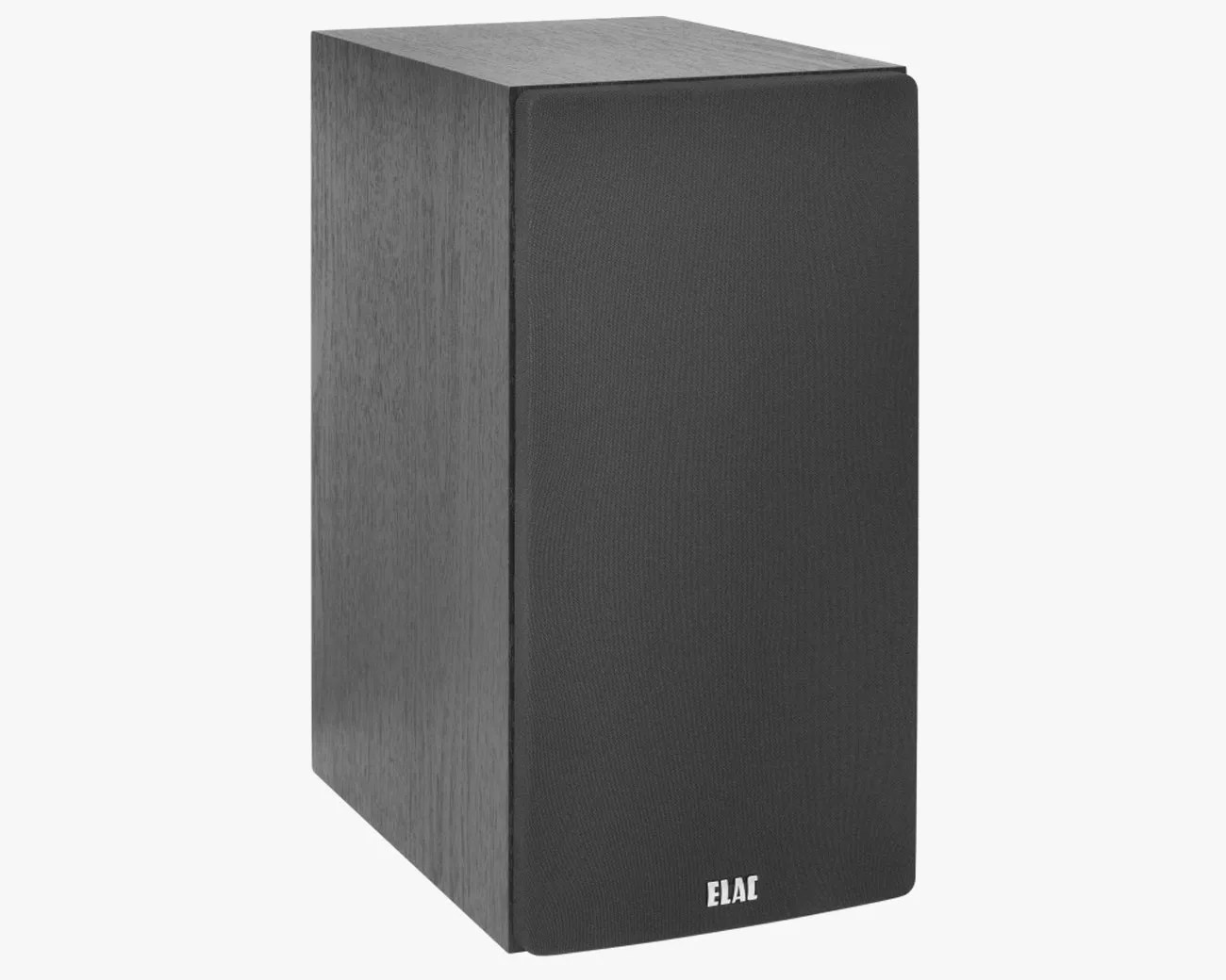 Black rectangular bookshelf speaker with fabric grille and ELAC logo at the bottom.
