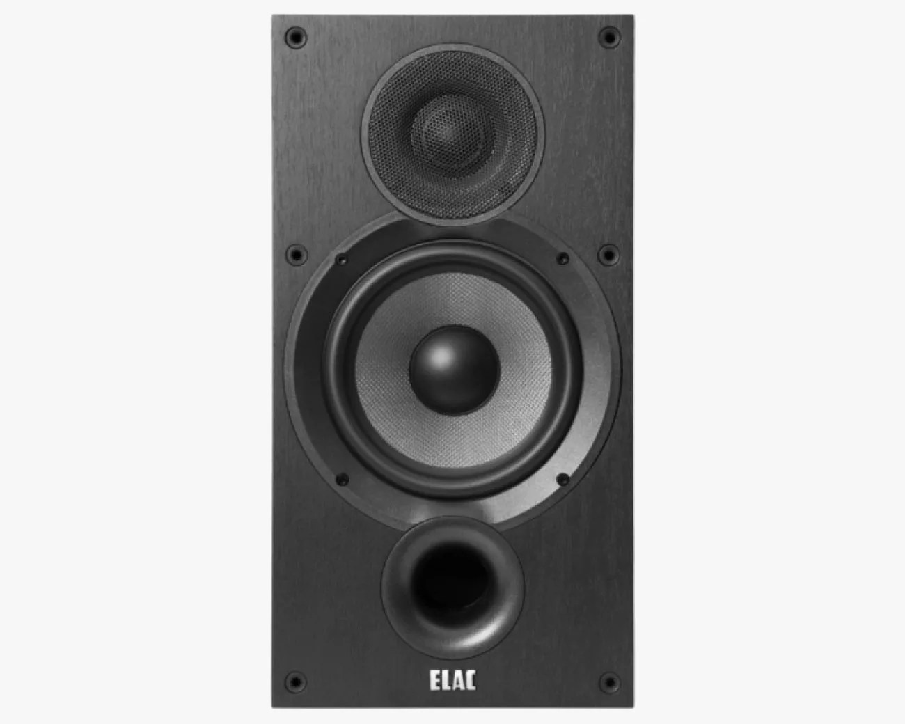 Black rectangular ELAC speaker with a large woofer, smaller tweeter, and front bass port.