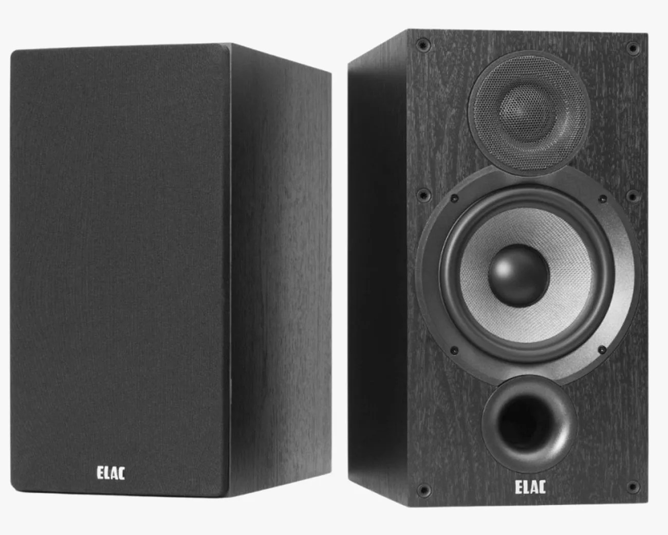Pair of black ELAC bookshelf speakers, one with grille cover and one showing drivers and bass port.