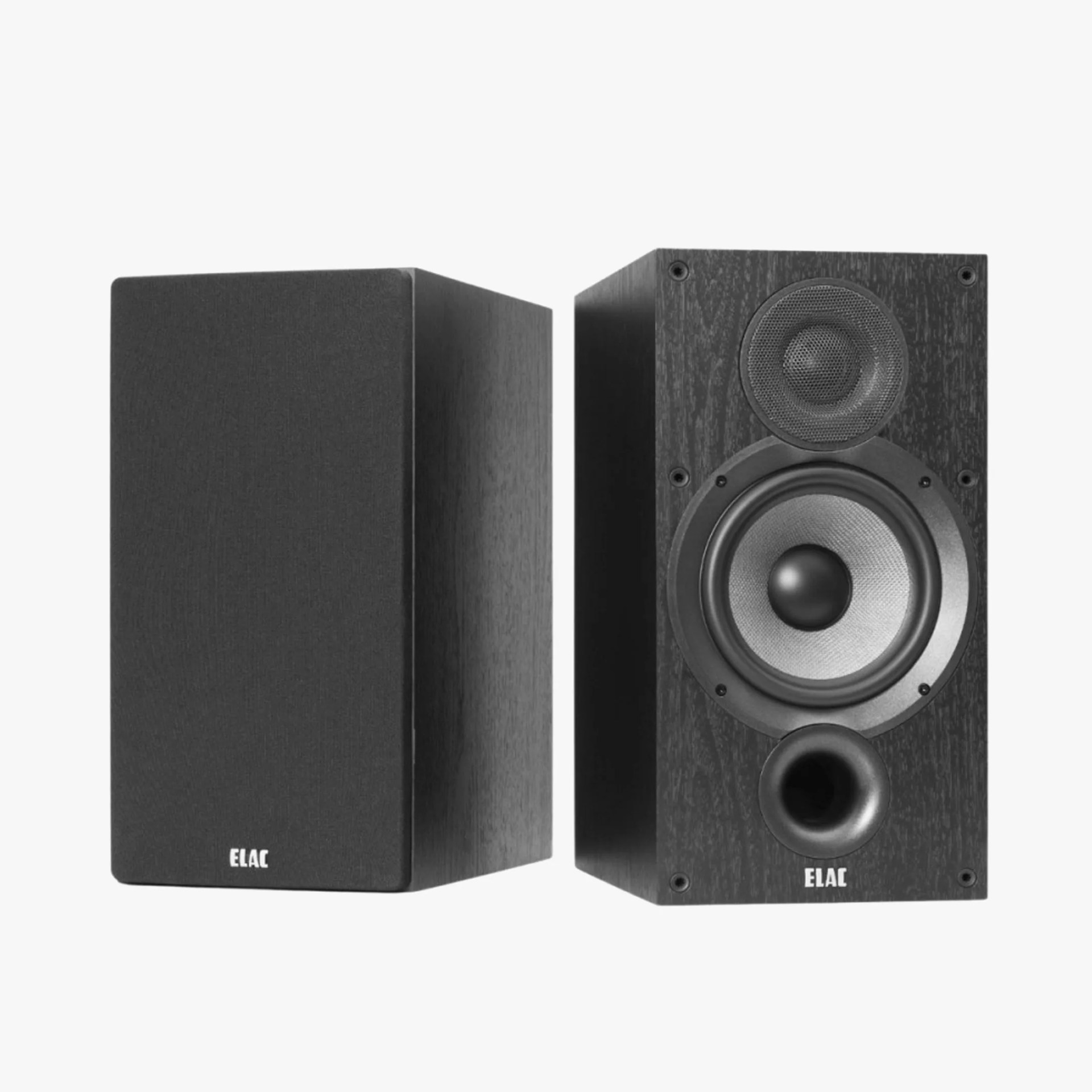 Pair of black ELAC bookshelf speakers, one with a fabric grille and the other showing a woofer, tweeter, and bass port.