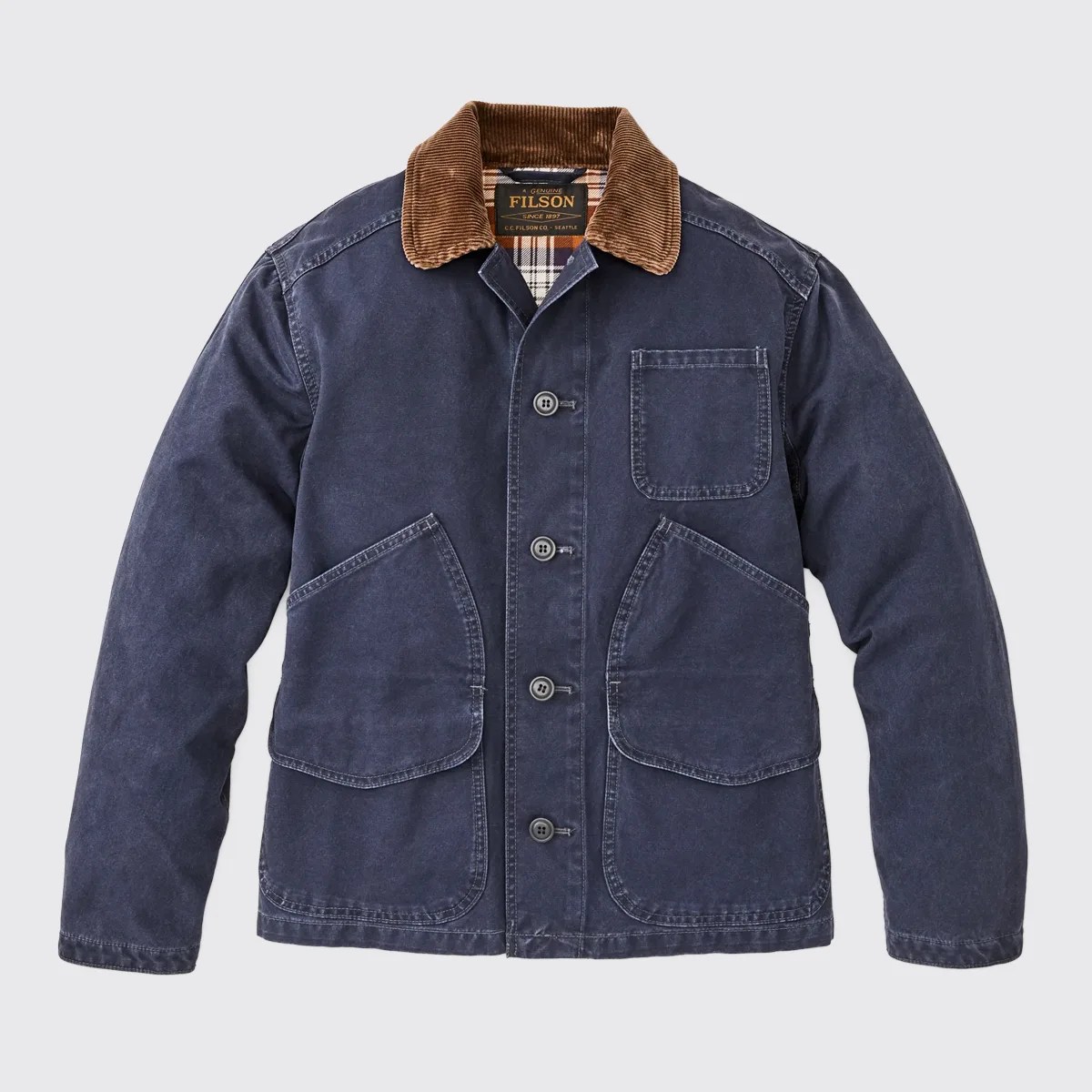 Navy blue canvas jacket with brown corduroy collar and four front pockets, button closure.
