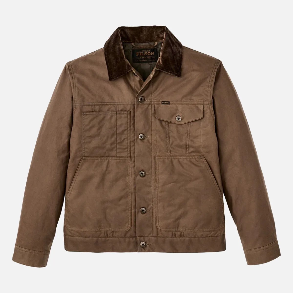 Brown canvas jacket with dark brown corduroy collar and button-front closure.