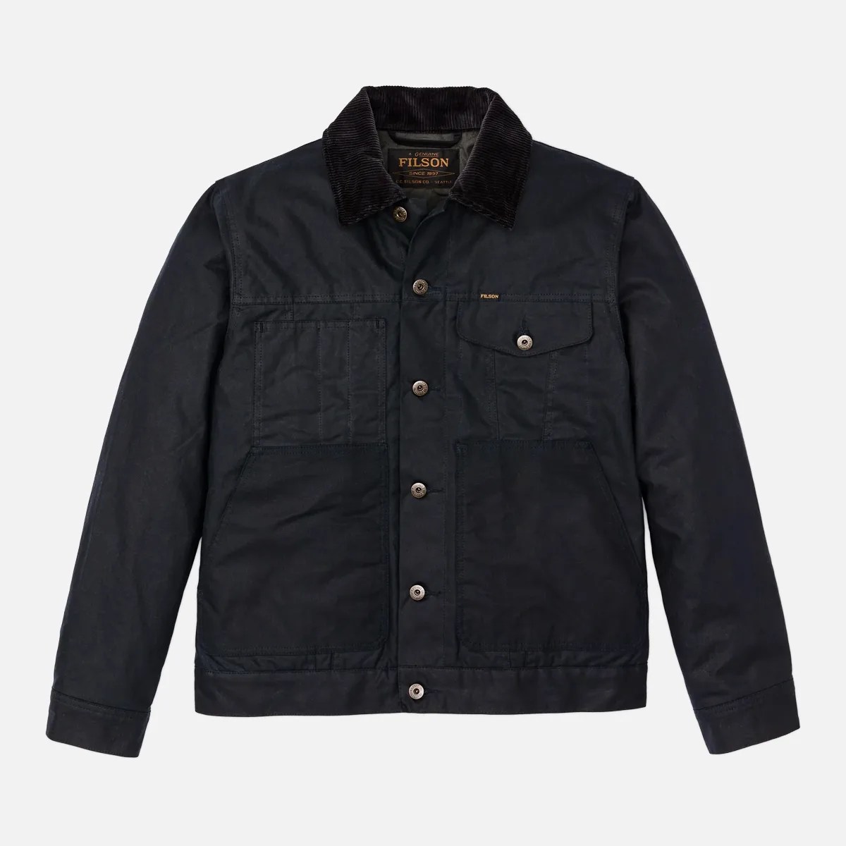 Black button-up jacket with corduroy collar and multiple front pockets.