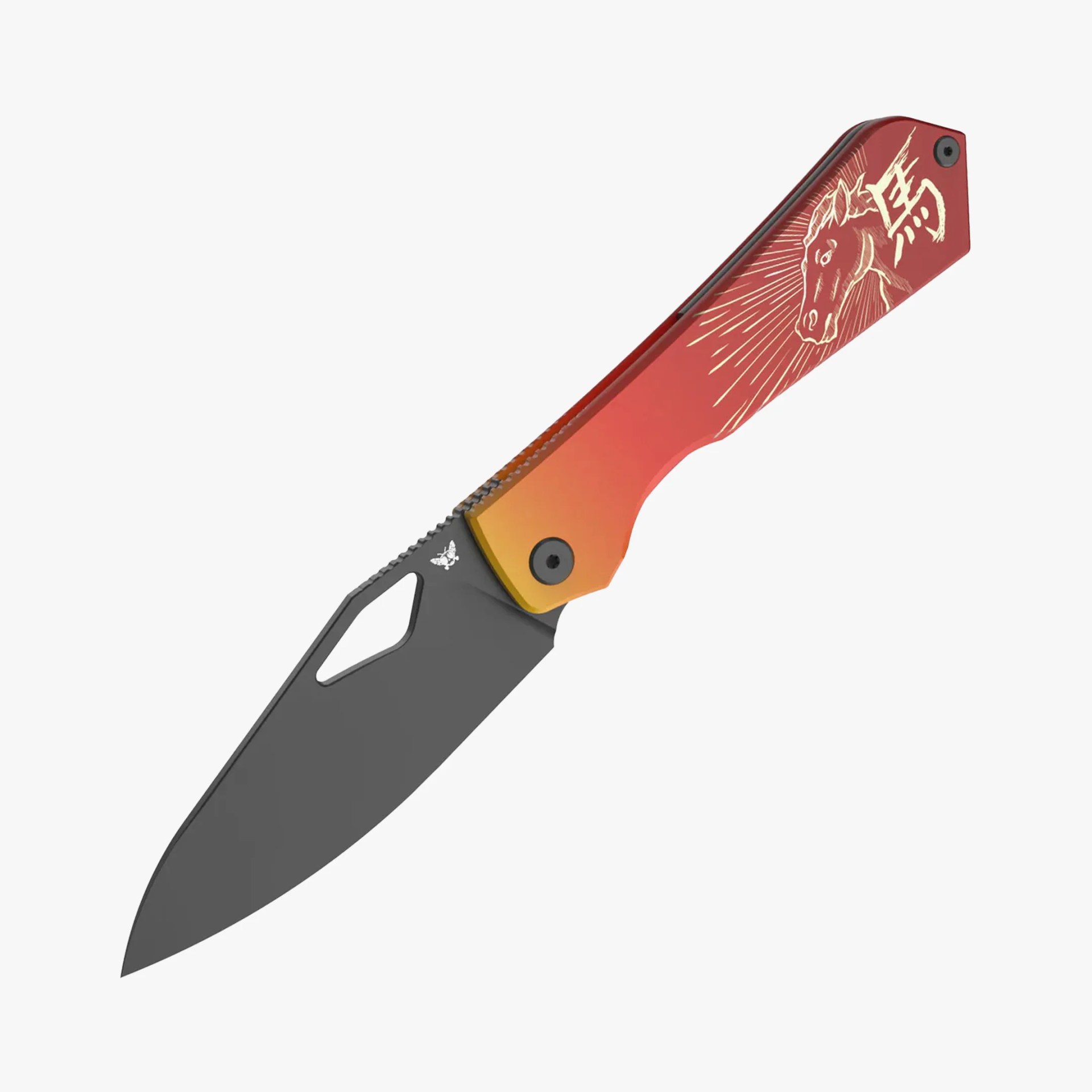 Folding knife with black blade and gradient orange-red handle featuring a horse illustration and symbol.