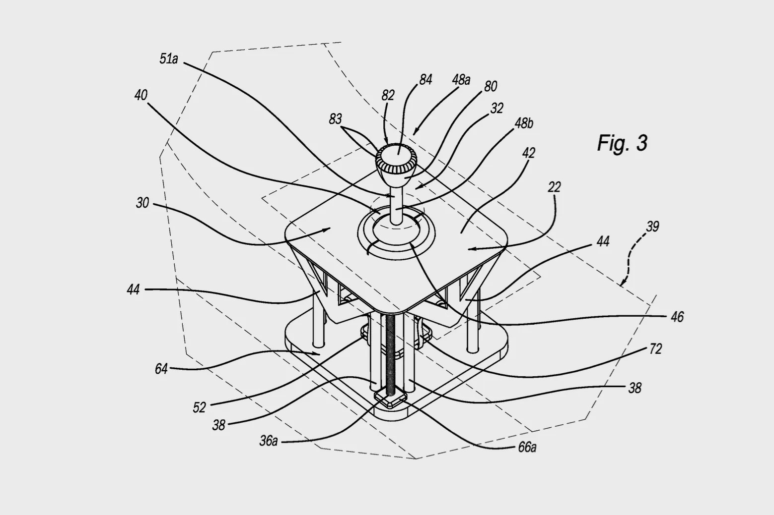 Technical drawing of a joystick assembly with labeled components including base, support structure, and control stick.
