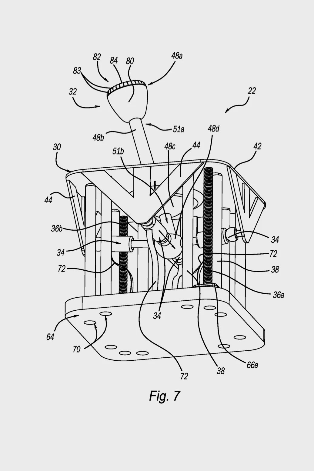 Technical drawing of a mechanical assembly with labeled components including a handle, rods, springs, and a base plate.
