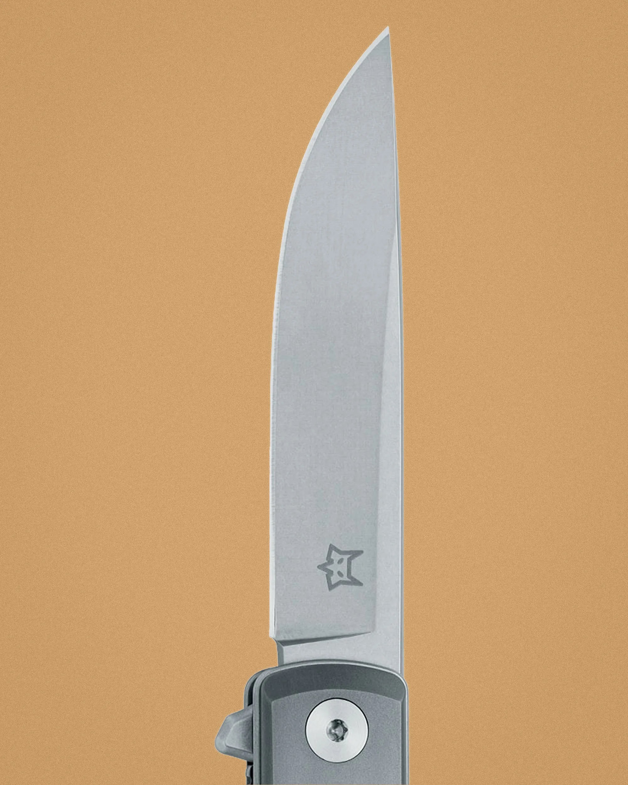 Silver folding knife blade with a small star logo near the base on a tan background.