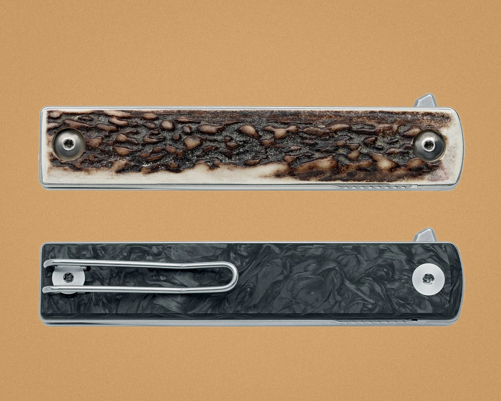 Two closed folding knives with textured handles, one with a brown stag-style handle and the other with a black marbled handle and a metal pocket clip.