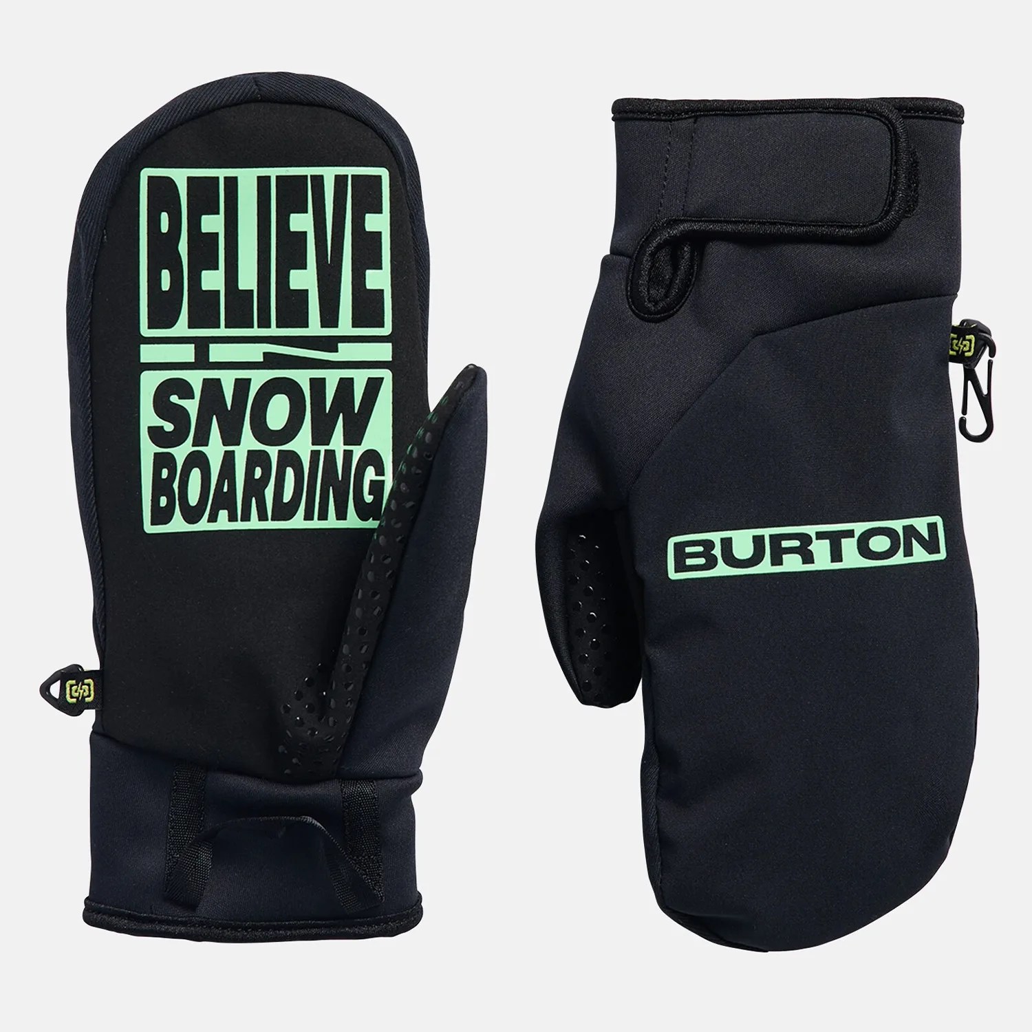 Pair of black Burton snowboarding mittens with mint green text, one showing "BELIEVE SNOWBOARDING" and the other "BURTON.