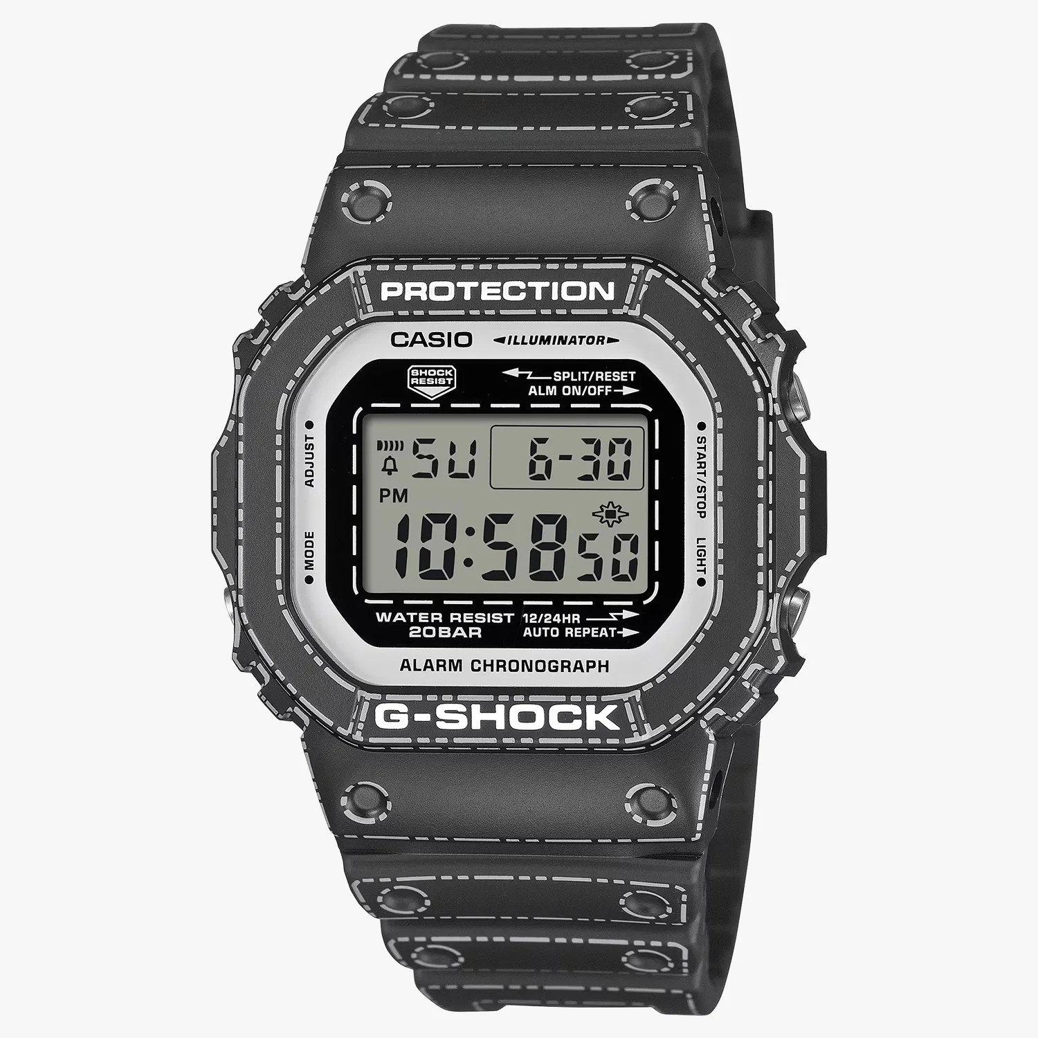 Black Casio G-Shock digital watch with white stitched pattern design on band and bezel.