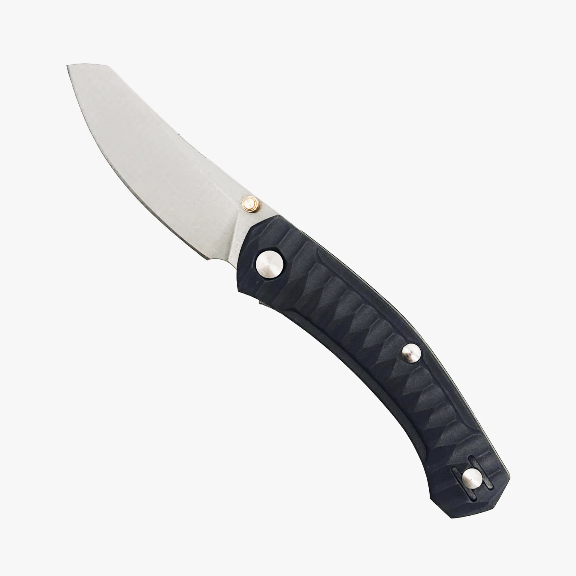 Folding knife with a curved stainless steel blade and textured black handle.