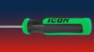 Black and green screwdriver handle with "ICON" text on a gradient red to dark blue background.