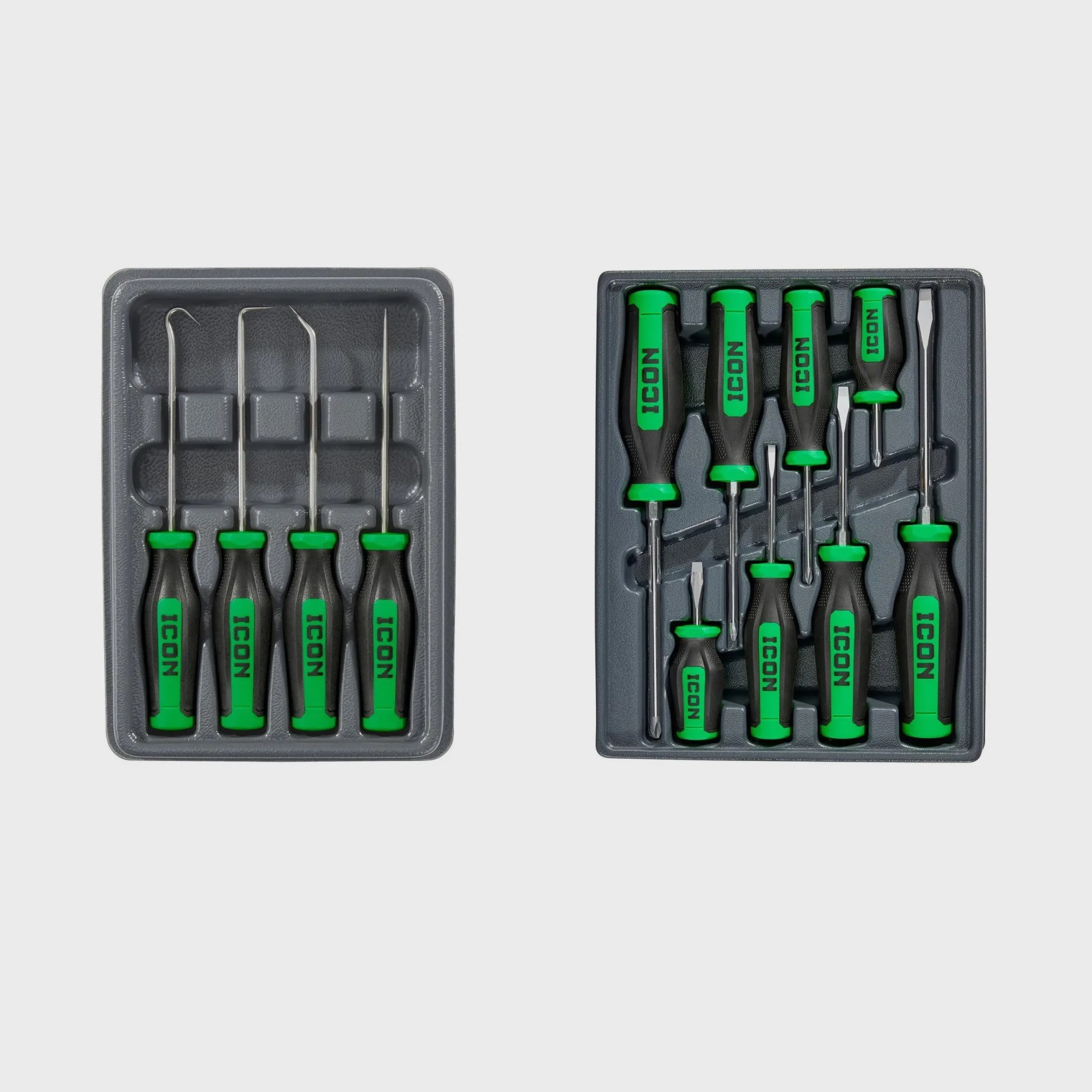 Two gray trays containing green and black-handled tools, one with four hook picks and the other with nine screwdrivers.