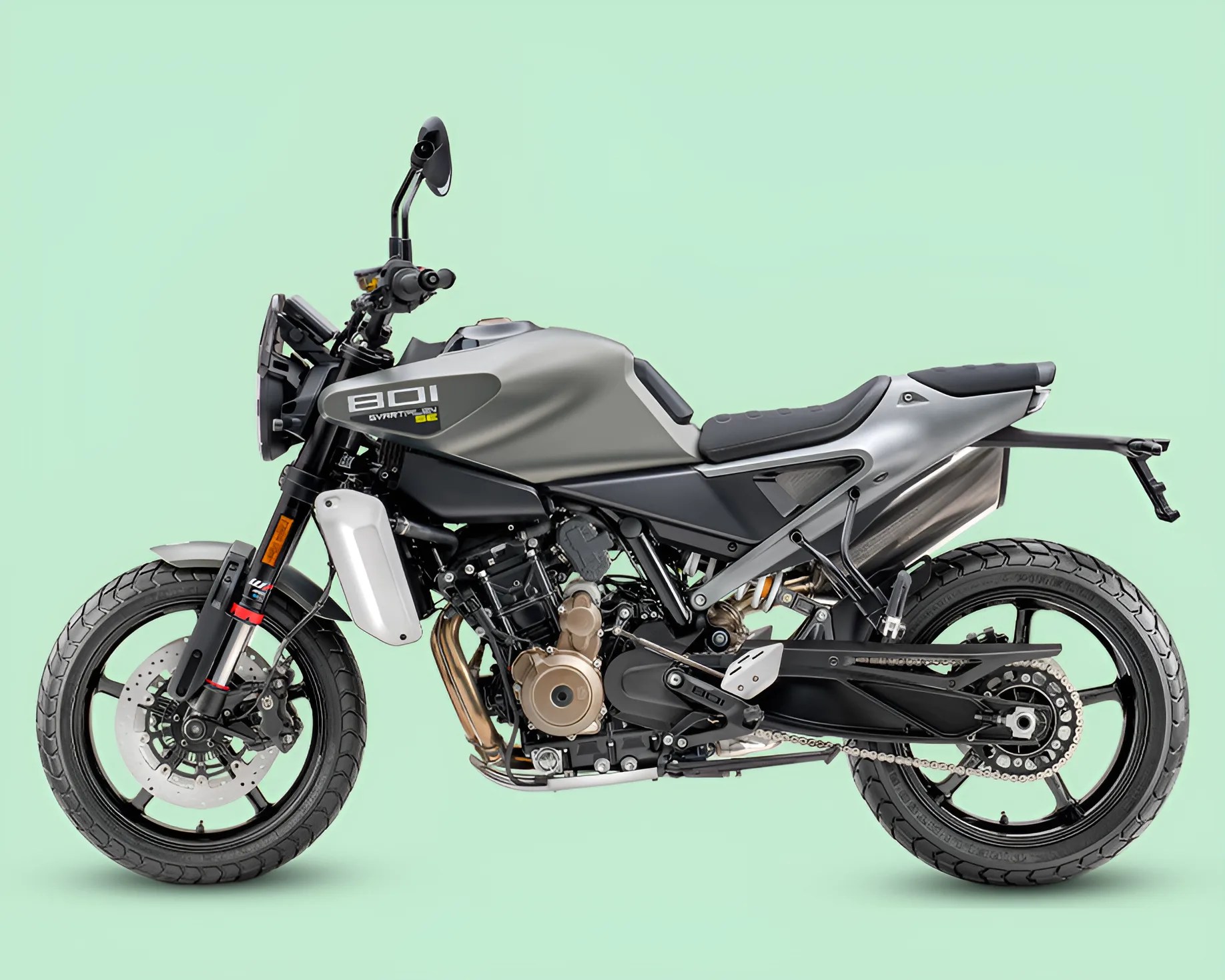 Matte gray and black 801 Svartpilen motorcycle with exposed engine and black wheels on a light green background.