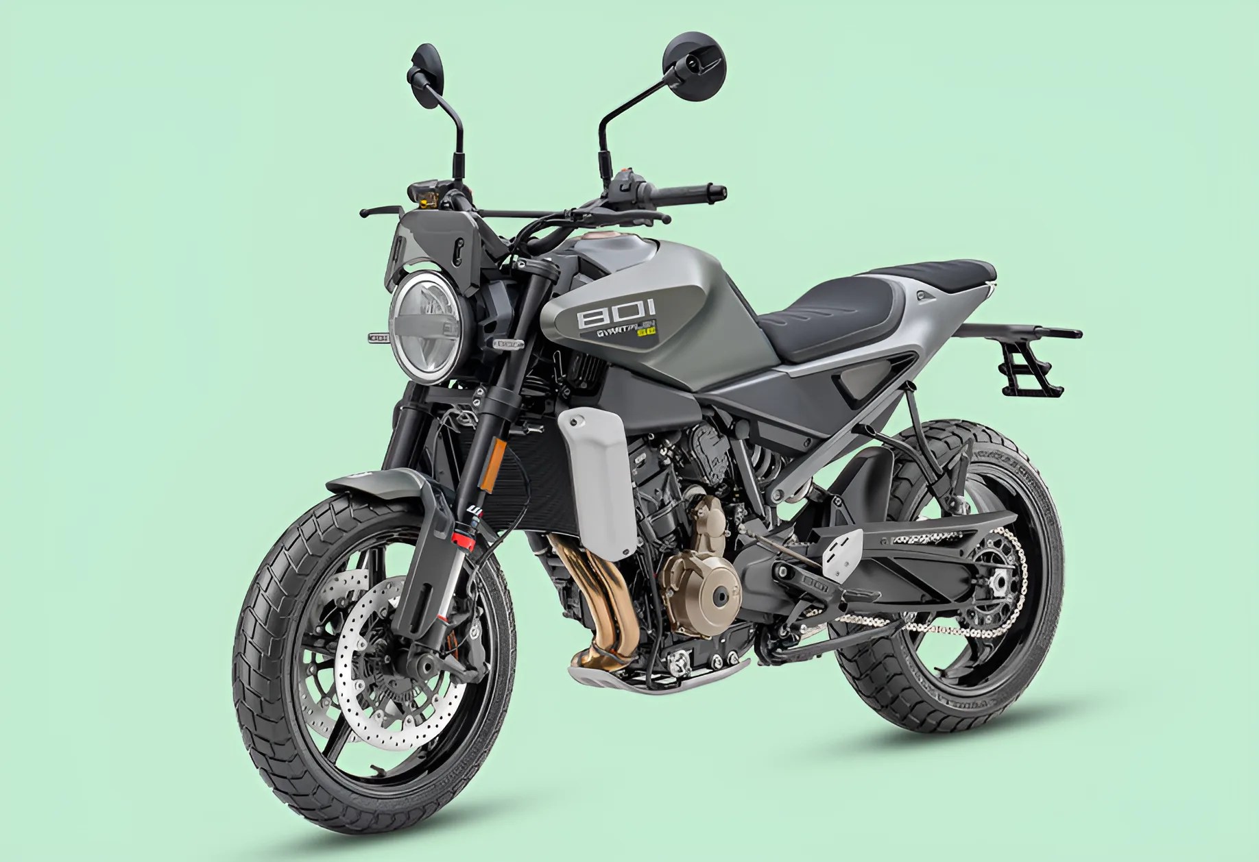 Matte gray and black 801 motorcycle with round headlight and dual rearview mirrors on a light green background.