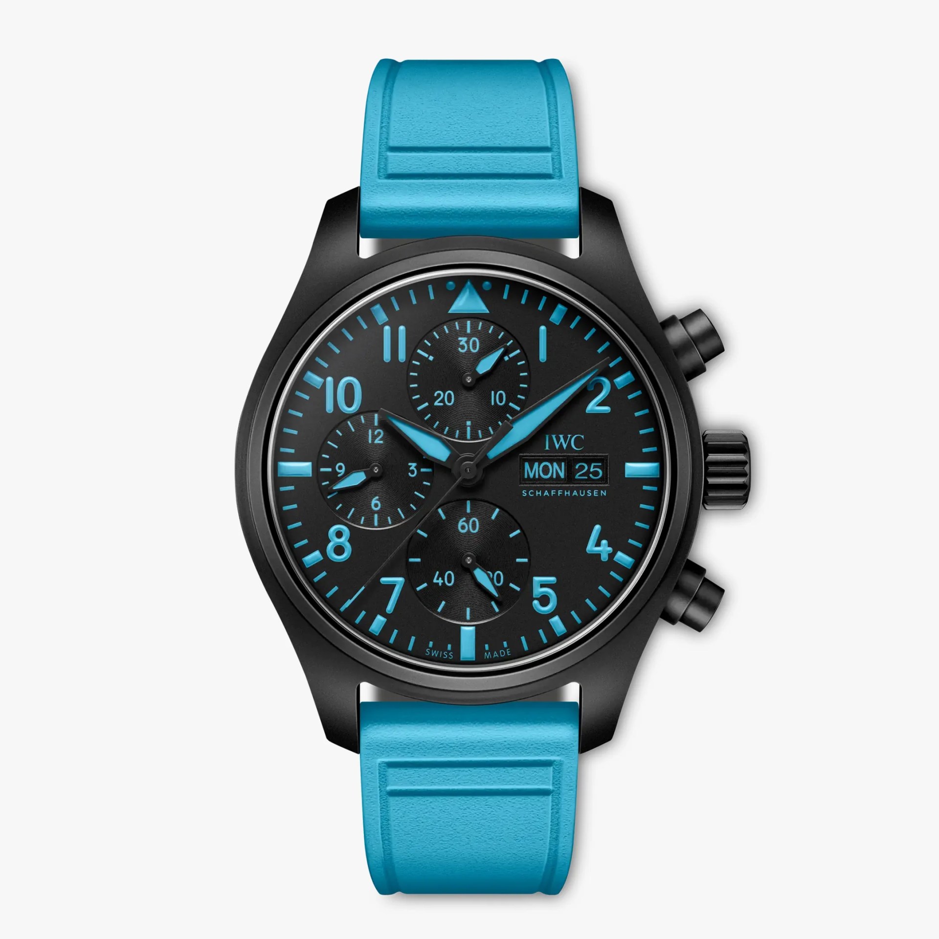 Black chronograph wristwatch with bright blue numerals and hands, and a matching blue rubber strap.
