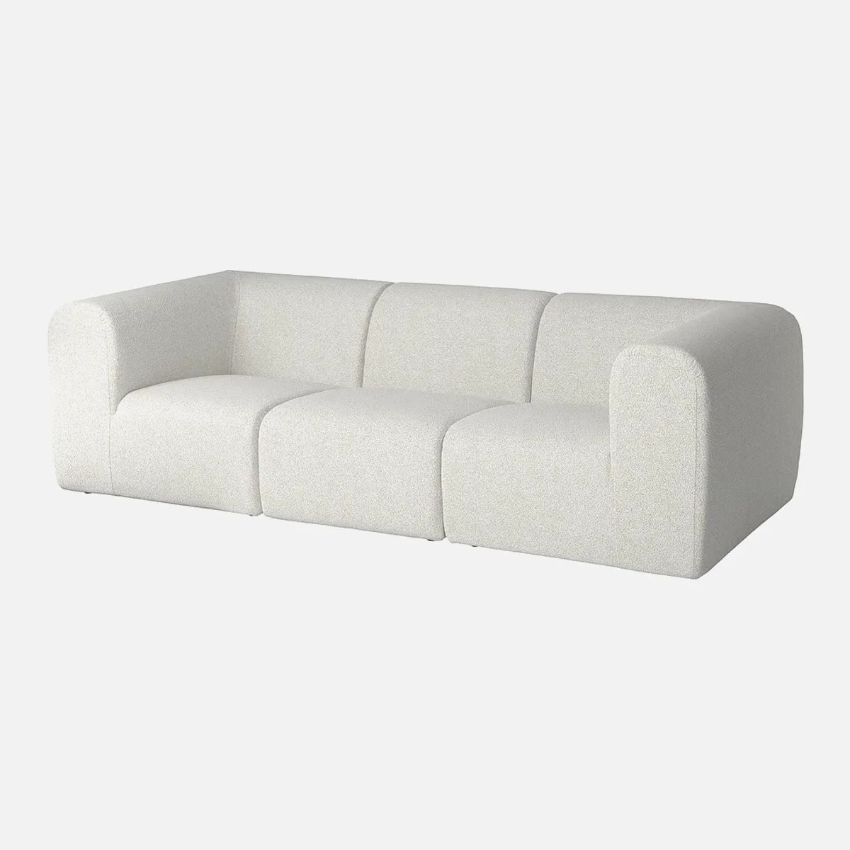Three-seater modern sofa with rounded edges upholstered in light gray fabric.