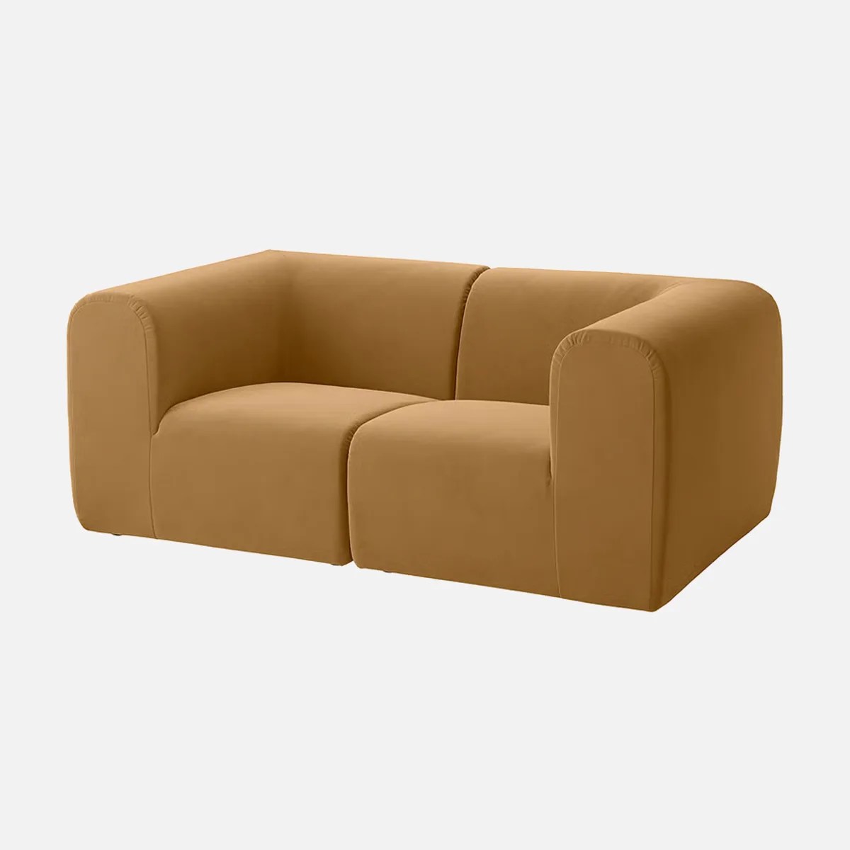 Two-seater modular sofa with rounded arms in camel brown fabric upholstery.