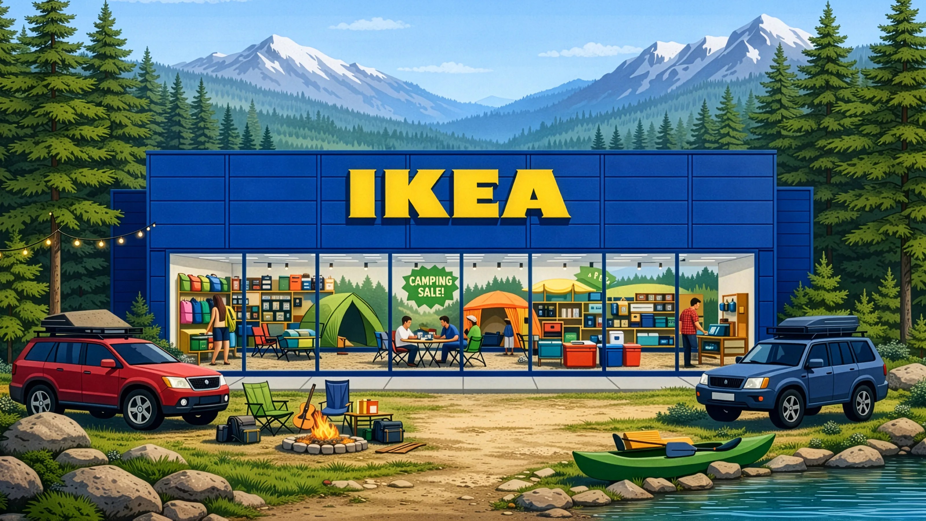 IKEA store with camping gear display, two SUVs parked outside, campfire, and green kayak by a lake with mountains in the background.