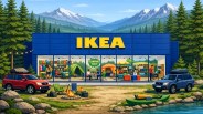 IKEA store with camping gear display, two SUVs parked outside, campfire, and green kayak by a lake with mountains in the background.