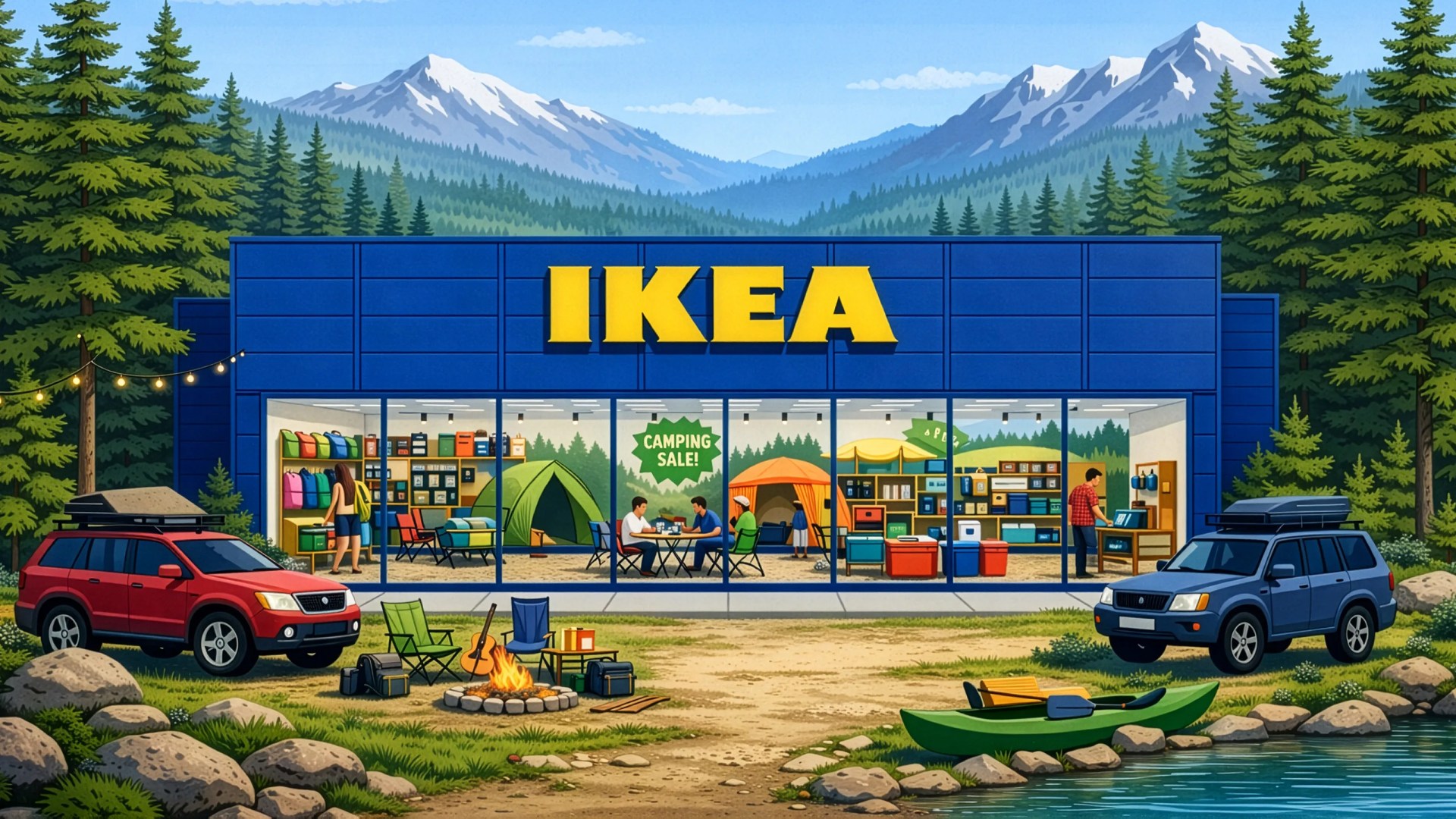 IKEA store with camping gear display, two SUVs parked outside, campfire, and green kayak by a lake with mountains in the background.
