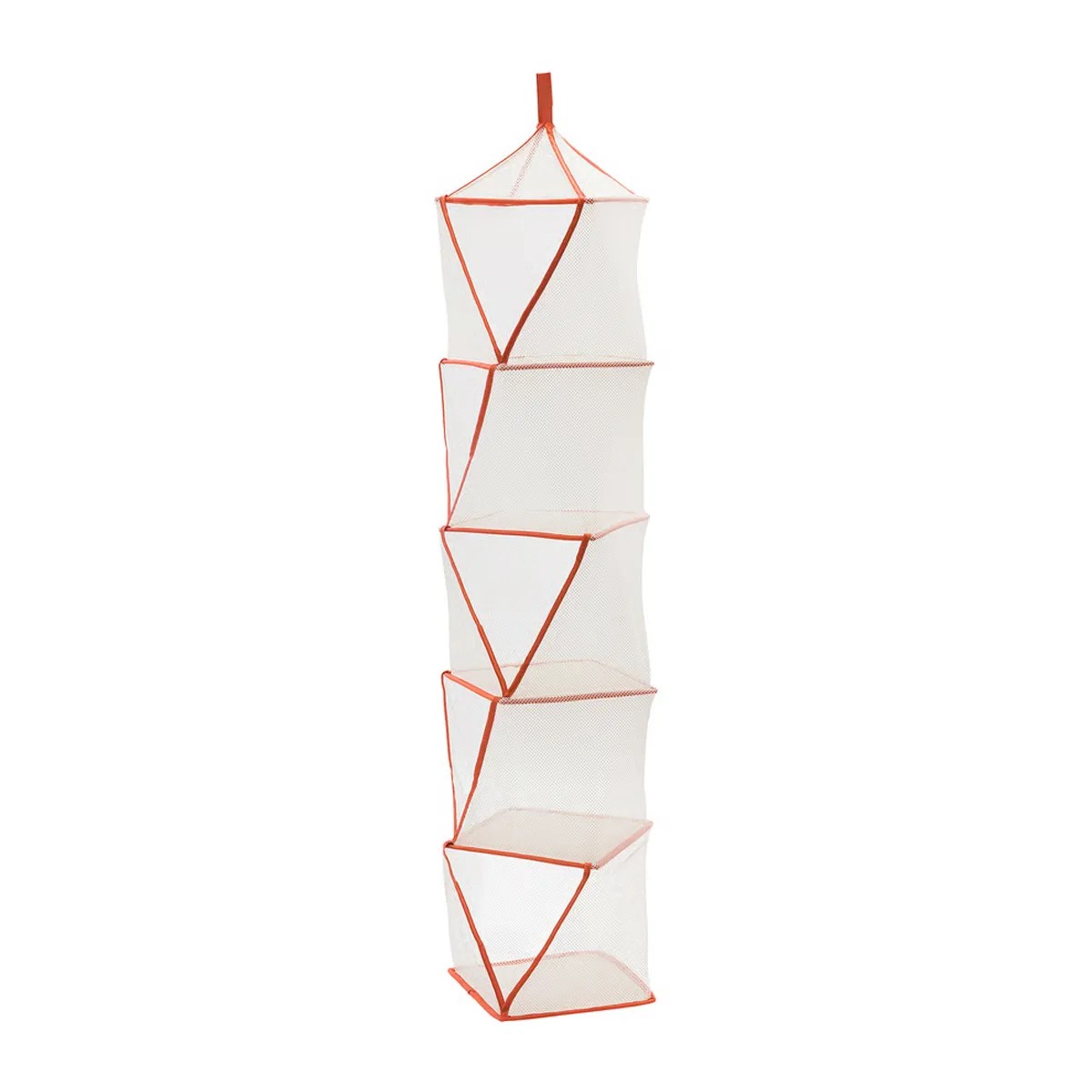 White mesh hanging organizer with five compartments and orange trim.