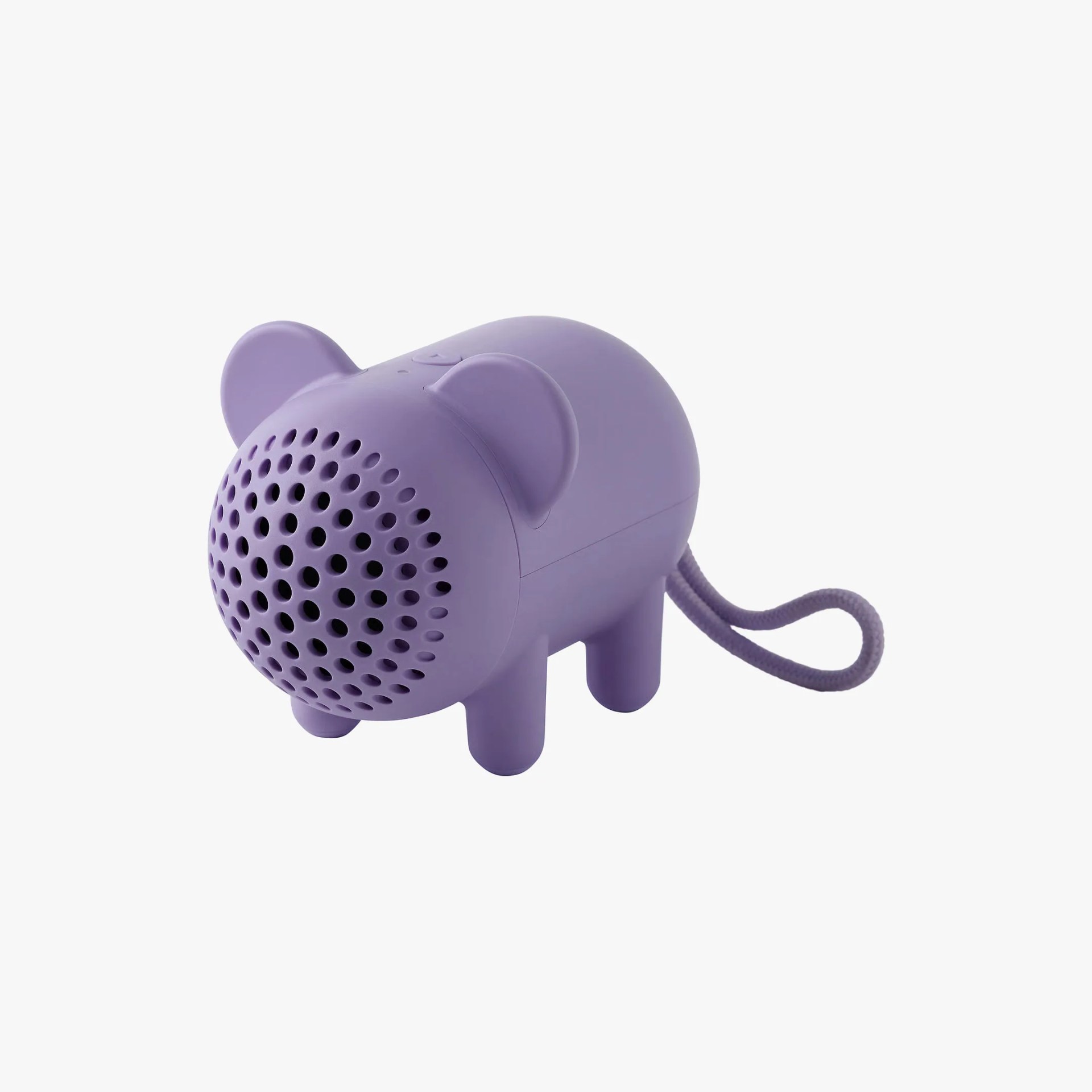 Purple pig-shaped portable Bluetooth speaker with a loop handle.