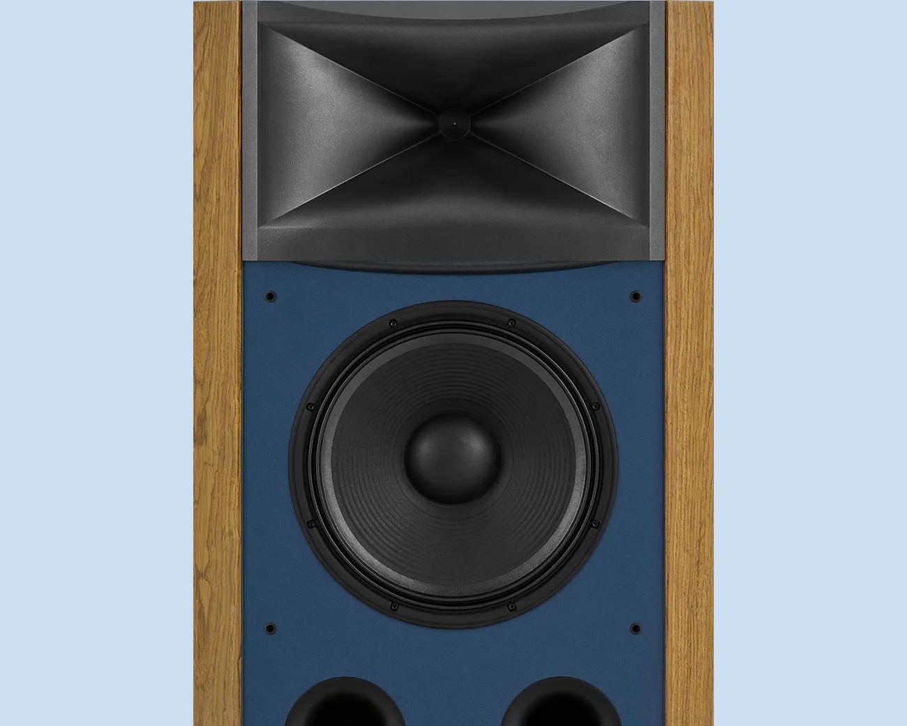 Front view of a wooden-framed speaker with a large black woofer, blue panel, and black horn tweeter.