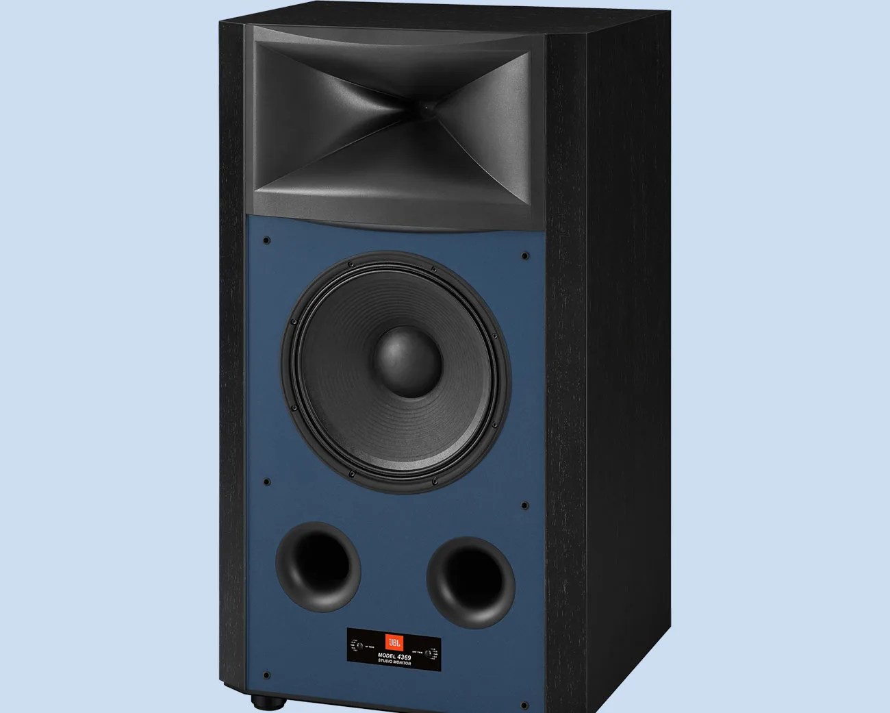 Black and blue JBL Model 4369 studio monitor speaker with large woofer and dual bass ports.