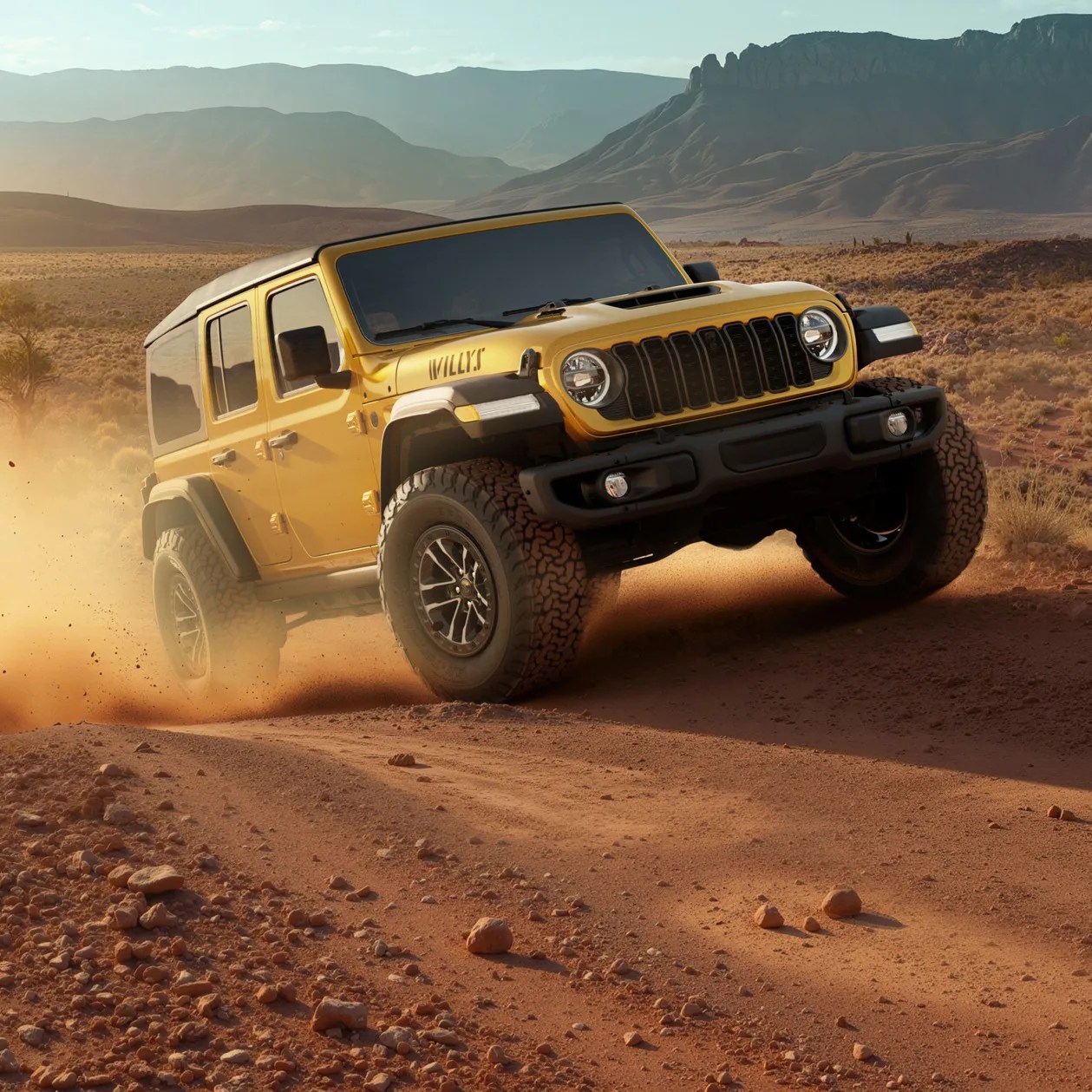Yellow Jeep Wrangler Willys with black roof driving on dusty rocky desert terrain with mountains in the background.