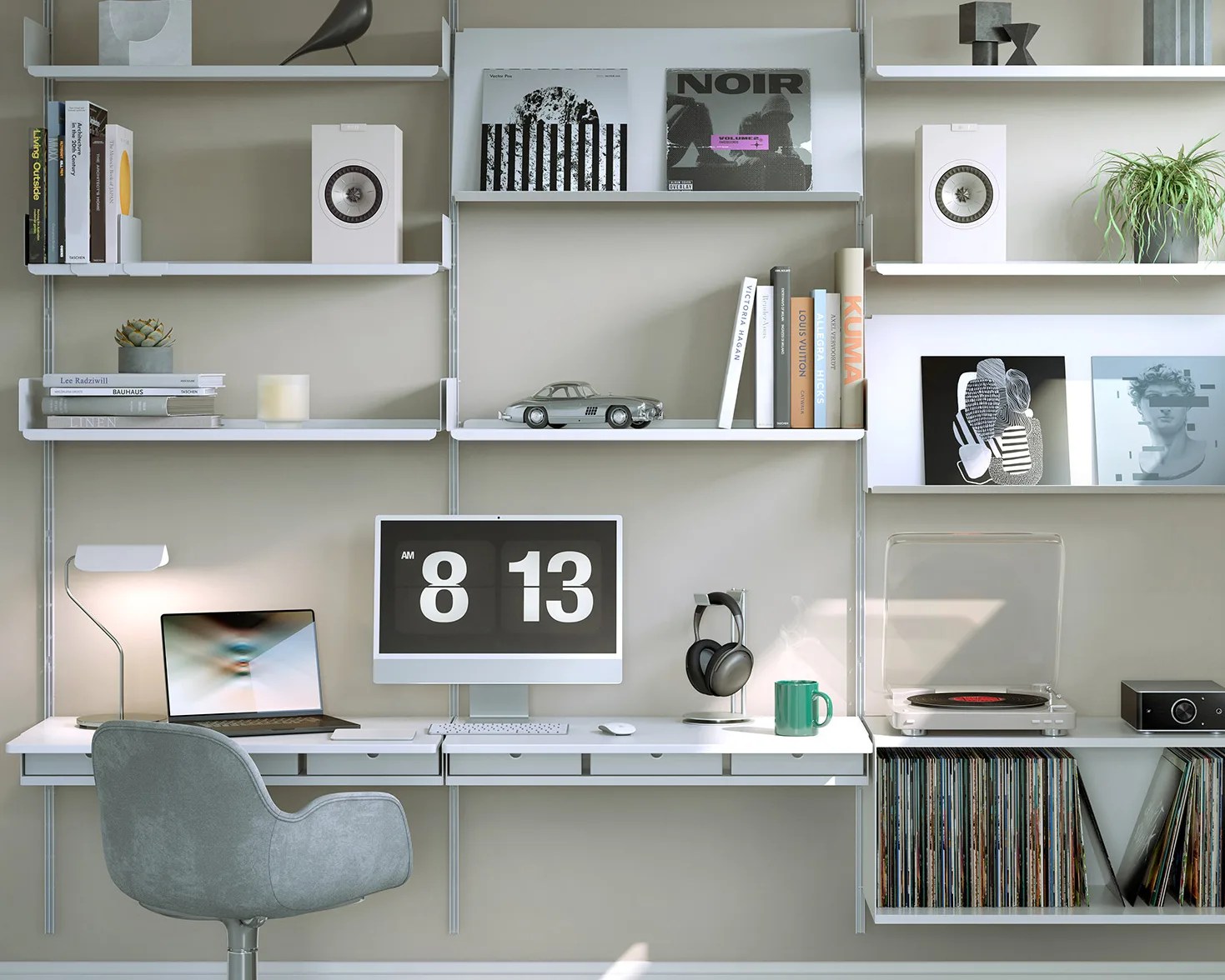 Modern home office setup with white wall-mounted shelves, computer, laptop, headphones, turntable, and vinyl records.
