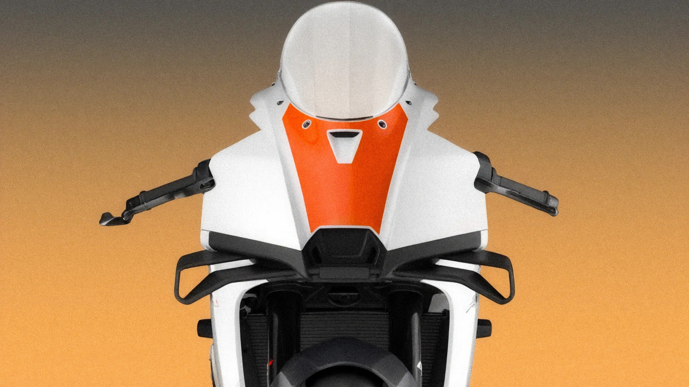 Front view of a white motorcycle with an orange accent panel and black handlebars against a gradient orange to gray background.