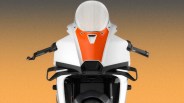 Front view of a white motorcycle with an orange accent panel and black handlebars against a gradient orange to gray background.