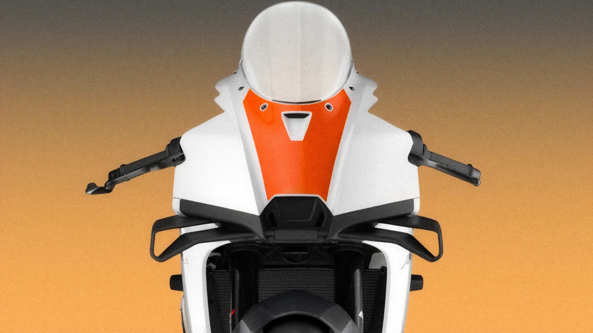 Front view of a white motorcycle with an orange accent panel and black handlebars against a gradient orange to gray background.