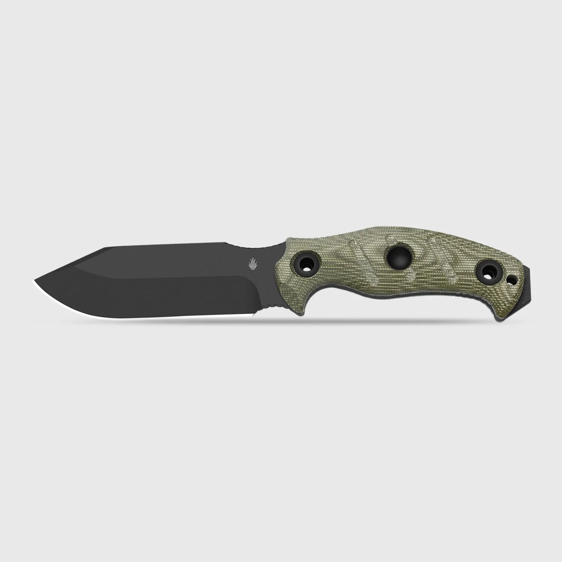 Fixed-blade knife with black blade and textured green handle with finger grooves and holes.