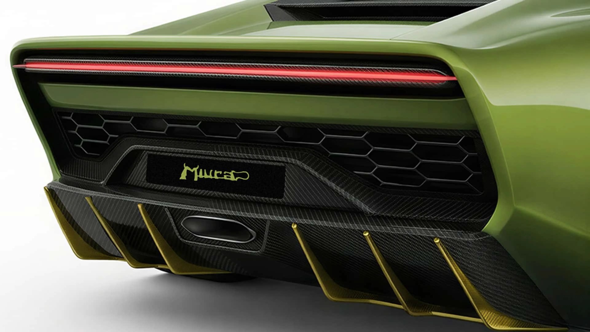 Rear end of a green sports car with a thin red taillight, black honeycomb grille, and carbon fiber diffuser with gold fins.
