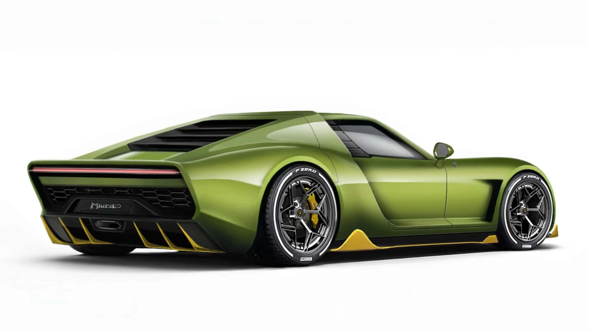 Green Lamborghini Miura sports car with black and yellow accents shown from rear side angle.