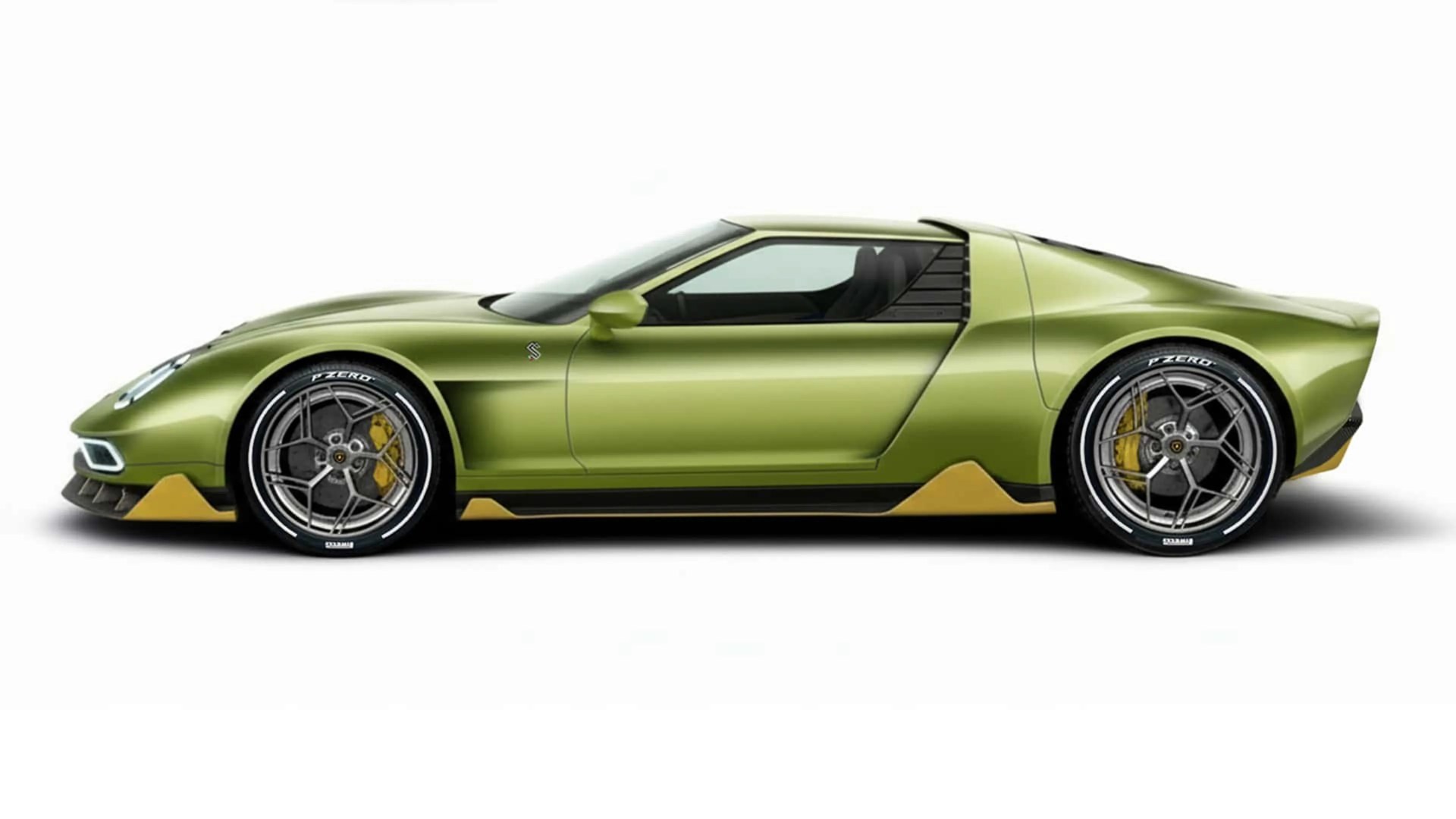 Metallic olive green sports car with yellow accents and black multi-spoke wheels on a white background.