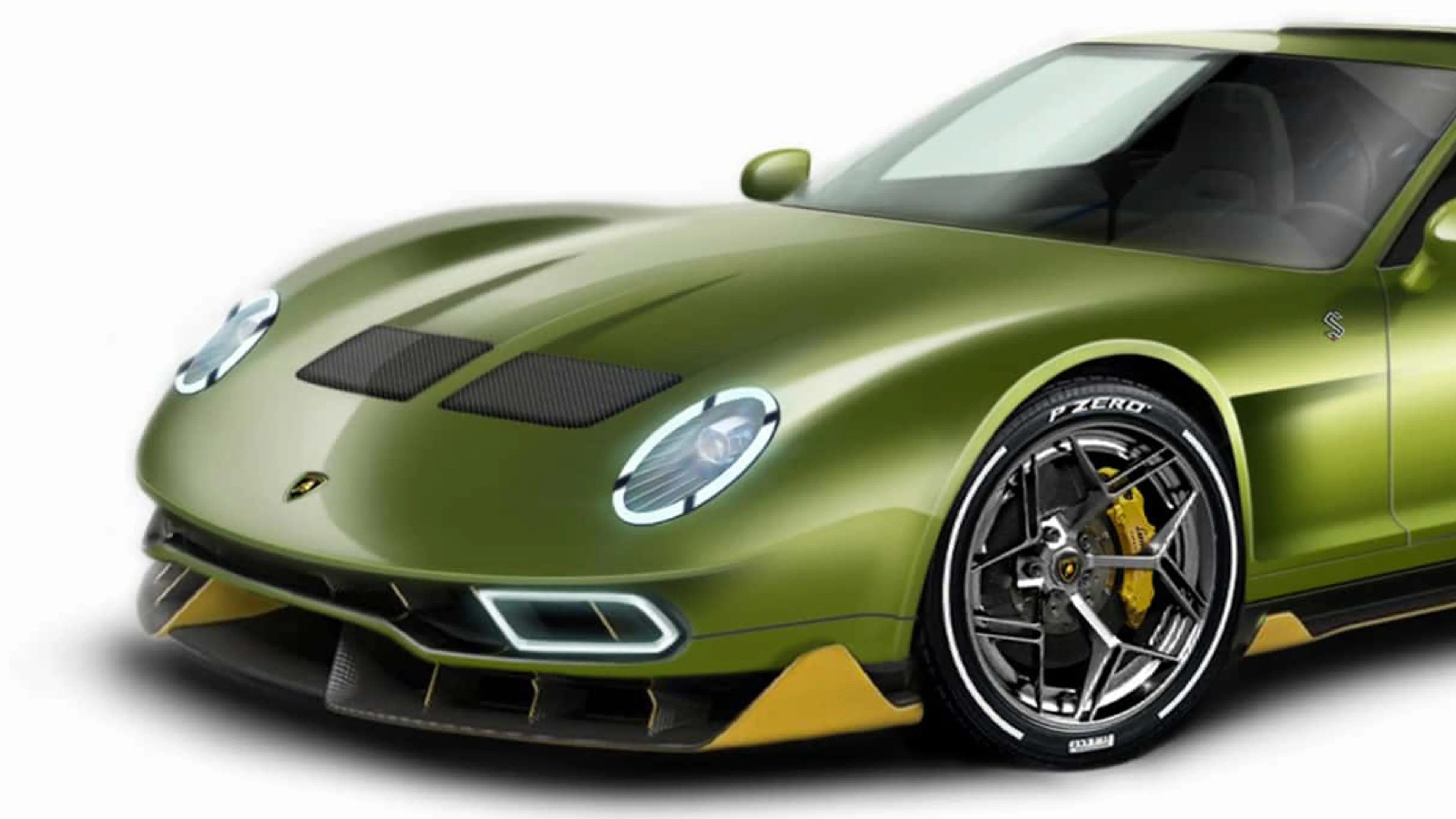 Front side of a green Lamborghini sports car with round headlights, black and yellow front splitter, and Pirelli P Zero tires.
