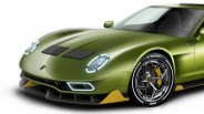 Front side of a green Lamborghini sports car with round headlights, black and yellow front splitter, and Pirelli P Zero tires.